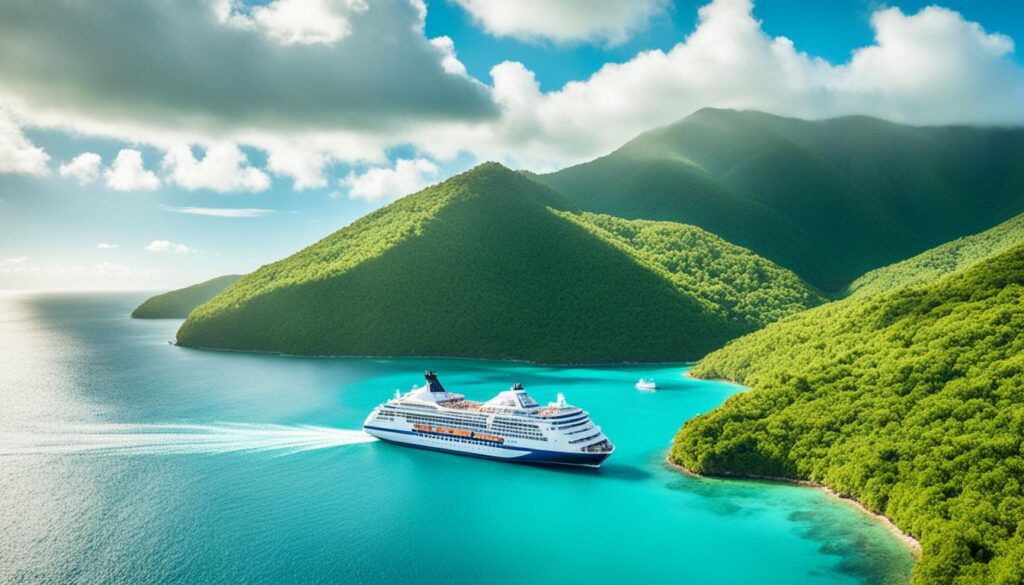 A luxury cruise ship sailing across a calm blue ocean at sunset.